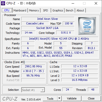 screenshot of CPU-Z validation for Dump [mfp6jb] - Submitted by  Anonymous  - 2022-10-24 08:09:16