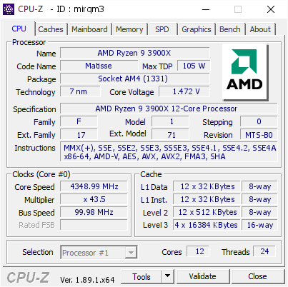 screenshot of CPU-Z validation for Dump [mirqm3] - Submitted by  MooNoiOCZ  - 2019-07-19 17:59:17