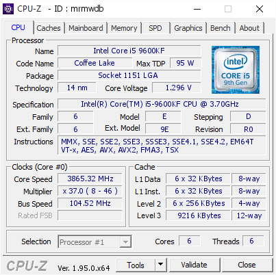 screenshot of CPU-Z validation for Dump [mrmwdb] - Submitted by  Badbwoi  - 2021-07-06 15:24:37