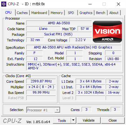 AMD A6-3500 @ 2399.87 MHz - CPU-Z VALIDATOR