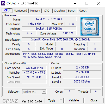 les scherp hospita Intel Core i3 7020U @ 2293.26 MHz - CPU-Z VALIDATOR