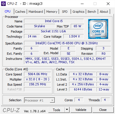 screenshot of CPU-Z validation for Dump [mwagc3] - Submitted by  Botvinnik  - 2017-02-06 12:39:34
