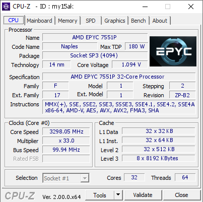 AMD EPYC 7551P @ 3298.05 MHz - CPU-Z VALIDATOR