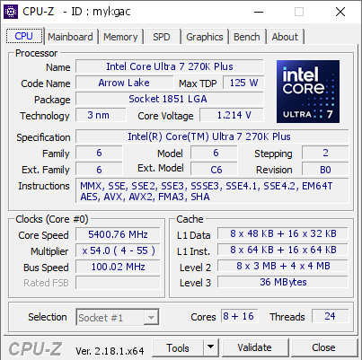 screenshot of CPU-Z validation for Dump [mykgac] - Submitted by  OHTAEGYU_MAIN  - 2026-04-21 16:27:48