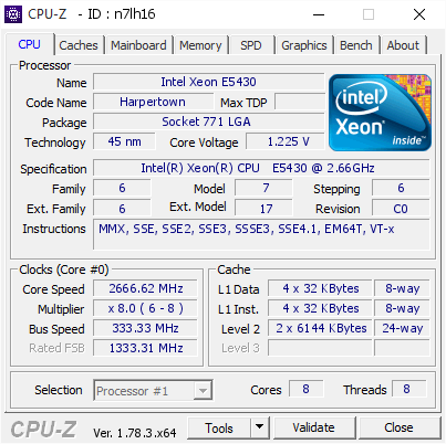 Intel Xeon E5430 @ 2666.62 MHz - CPU-Z VALIDATOR