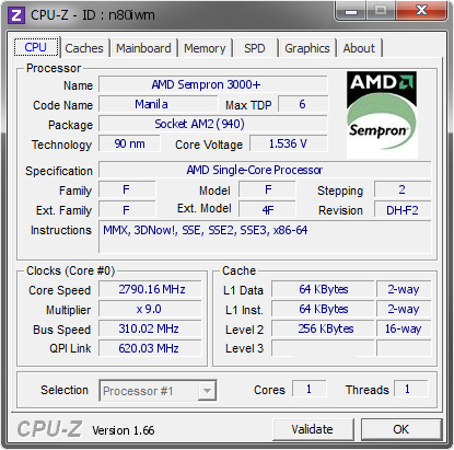 AMD Sempron 3000 2790.16 MHz CPU Z VALIDATOR