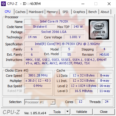 Intel Core i9 7920X @ 3801.28 MHz - CPU-Z VALIDATOR