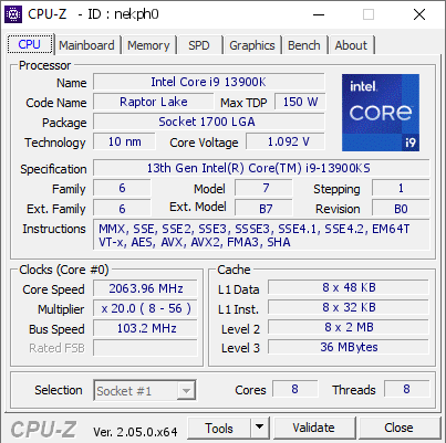 Intel Core i9 13900K @ 2063.96 MHz - CPU-Z VALIDATOR