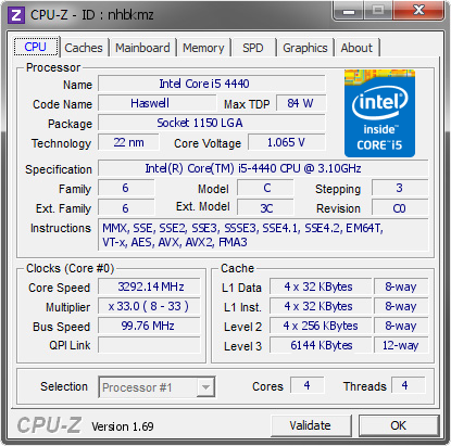 Gedeeltelijk Het beste kloon Intel Core i5 4440 @ 3292.14 MHz - CPU-Z VALIDATOR