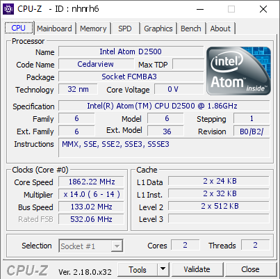 screenshot of CPU-Z validation for Dump [nhnrh6] - Submitted by  DESKTOP-DE0ILA4  - 2026-05-06 19:14:39