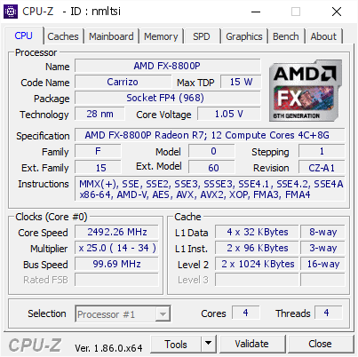 AMD FX-8800P @ 2492.26 MHz - CPU-Z 