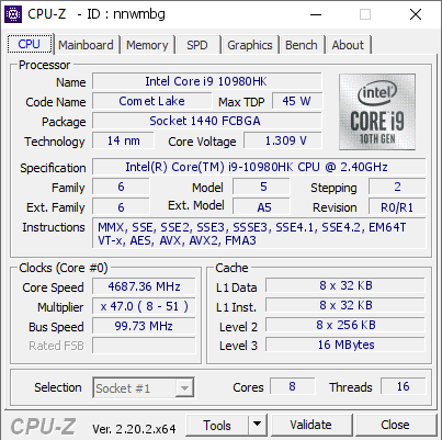 Intel Core i9 10980HK @ 4687.36 MHz - CPU-Z VALIDATOR
