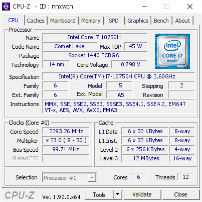 screenshot of CPU-Z validation for Dump [nnxwch] - Submitted by  DESKTOP-KKBJHAI  - 2020-06-09 08:58:53