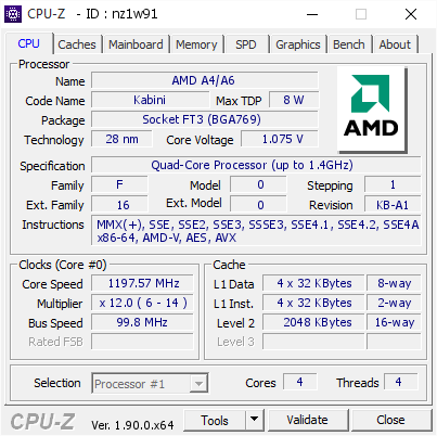 screenshot of CPU-Z validation for Dump [nz1w91] - Submitted by  LAPTOP  - 2020-01-08 13:43:59