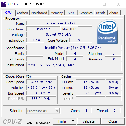 Elektrisch bodem Meting Intel Pentium 4 519K @ 3065.95 MHz - CPU-Z VALIDATOR