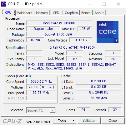 screenshot of CPU-Z validation for Dump [p14izi] - Submitted by  www.ocinside.de  - 2023-11-03 12:01:25