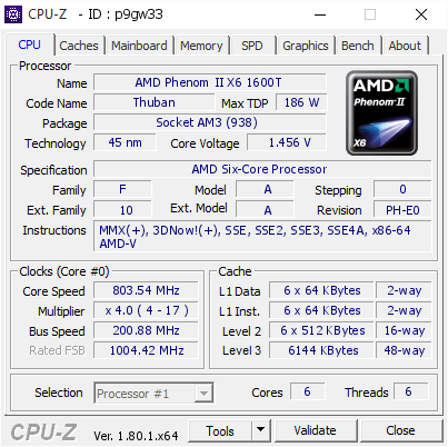 screenshot of CPU-Z validation for Dump [p9gw33] - Submitted by  Anonymous  - 2017-08-24 03:44:43