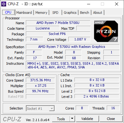 AMD Ryzen 7 Mobile 5700U @ 3715.36 MHz - CPU-Z VALIDATOR