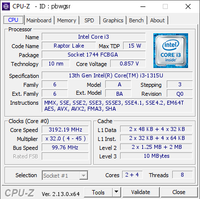 Intel Core i3 @ 3192.19 MHz - CPU-Z VALIDATOR