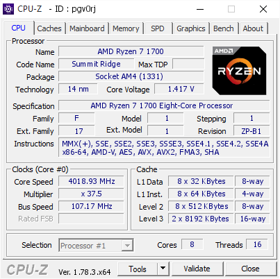 AMD Ryzen 7 1700 @ 4018.93 MHz - CPU-Z VALIDATOR