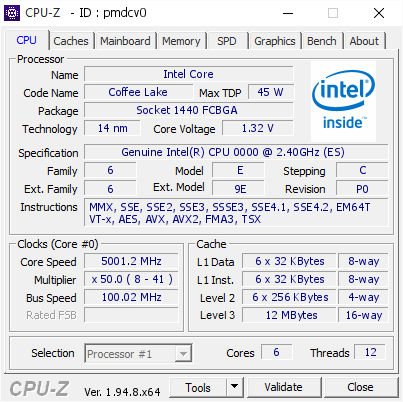screenshot of CPU-Z validation for Dump [pmdcv0] - Submitted by  DESKTOP-QQLT  - 2021-03-05 10:05:11