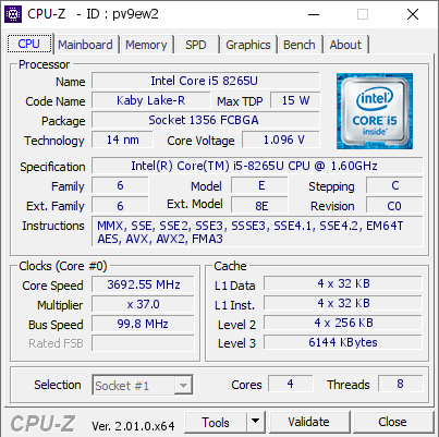 Intel Core i5 8265U @ 3692.55 MHz - CPU-Z VALIDATOR
