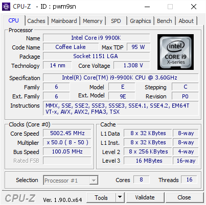 screenshot of CPU-Z validation for Dump [pwm9sn] - Submitted by  p870tm1-9900k-gtx1080  - 2019-10-13 20:00:47