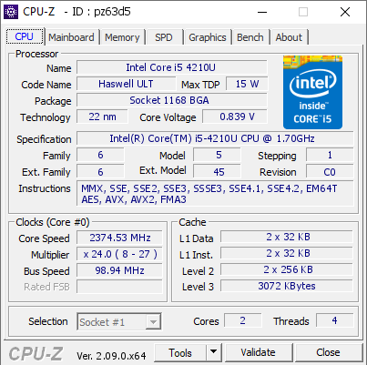 Intel Core i5 4210U @ 2374.53 MHz - CPU-Z VALIDATOR