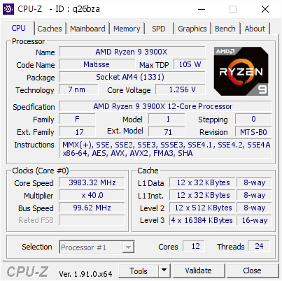 screenshot of CPU-Z validation for Dump [q26bza] - Submitted by  RYZEN-3900X  - 2020-04-11 20:03:57