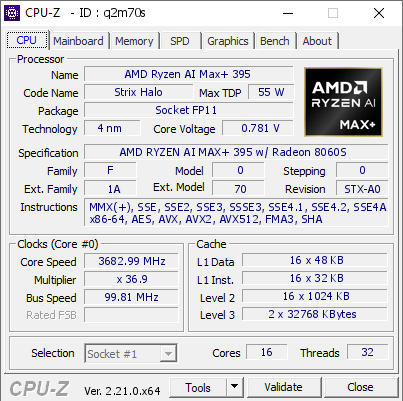 screenshot of CPU-Z validation for Dump [q2m70s] - Submitted by  Anonymous  - 2026-08-19 19:44:36