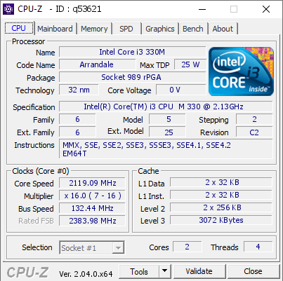 screenshot of CPU-Z validation for Dump [q53621] - Submitted by  LenovoLap  - 2023-02-26 12:39:45