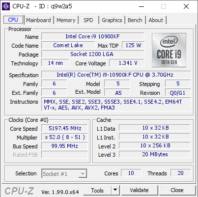 Intel Core i9 10900KF @ 5197.45 MHz - CPU-Z VALIDATOR