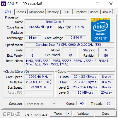 screenshot of CPU-Z validation for Dump [qau4a6] - Submitted by  MMspecial2-E52698v4  - 2020-09-28 00:46:04