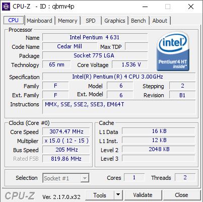 screenshot of CPU-Z validation for Dump [qbmv4p] - Submitted by  P4 631  - 2026-03-04 19:18:18