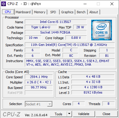 screenshot of CPU-Z validation for Dump [qhihyv] - Submitted by  LAPTOP-4K187J0O  - 2025-11-03 22:14:21