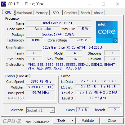 Intel Core i5 1235U @ 3890.48 MHz - CPU-Z VALIDATOR