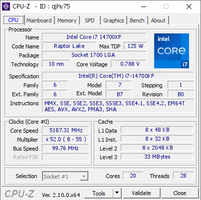 screenshot of CPU-Z validation for Dump [qjhy75] - Submitted by  CONTINUITY  - 2024-07-11 12:39:49