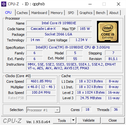 screenshot of CPU-Z validation for Dump [qpphsb] - Submitted by  EVGA-X299  - 2020-10-11 01:56:05