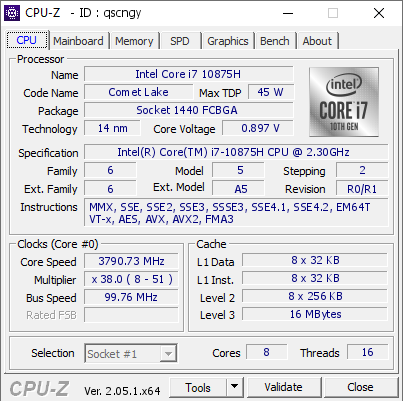 Intel Core i7 10875H @ 3790.73 MHz - CPU-Z VALIDATOR