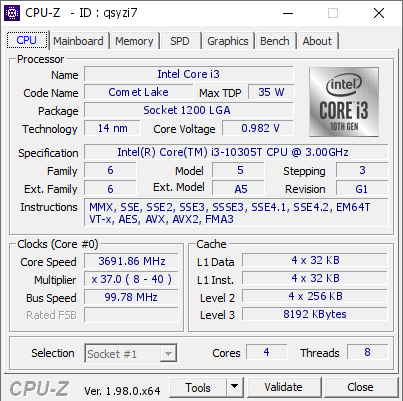 screenshot of CPU-Z validation for Dump [qsyzi7] - Submitted by  Anonymous  - 2021-12-17 10:52:05