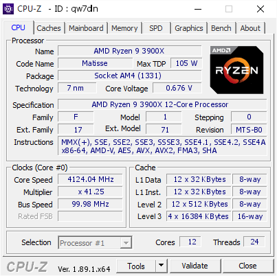 screenshot of CPU-Z validation for Dump [qw7dln] - Submitted by  RYZEN-PC  - 2019-07-17 08:02:46