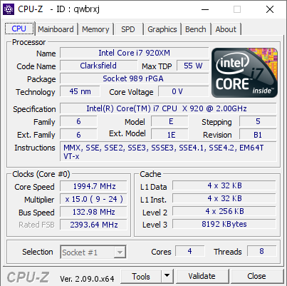 Intel Core i7 920XM @ 1994.7 MHz - CPU-Z VALIDATOR