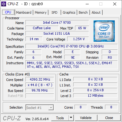 Intel Core i7 9700 @ 4390.32 MHz - CPU-Z VALIDATOR
