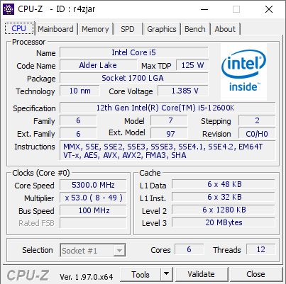 screenshot of CPU-Z validation for Dump [r4zjar] - Submitted by  BIGCHONK  - 2022-01-15 10:43:38