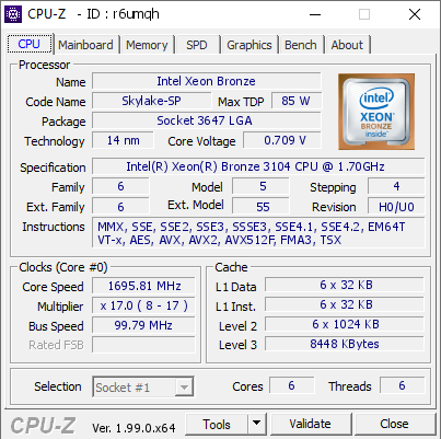 screenshot of CPU-Z validation for Dump [r6umqh] - Submitted by  SM-X11DLP-i Board 1  - 2022-02-20 04:20:22