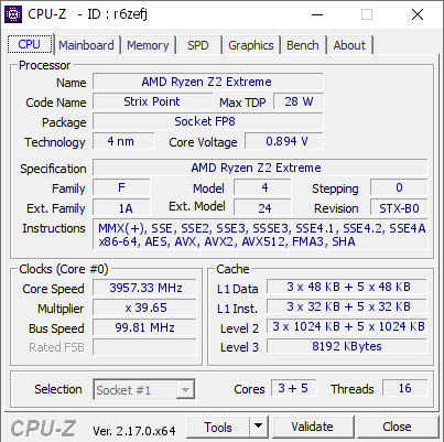 screenshot of CPU-Z validation for Dump [r6zefj] - Submitted by  MSI  - 2025-12-06 00:43:33
