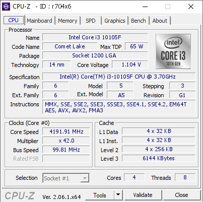 Intel Core i3 10105F @ 4191.91 MHz - CPU-Z VALIDATOR