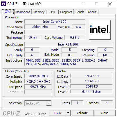 Intel Core N100 @ 2892.92 MHz - CPU-Z VALIDATOR