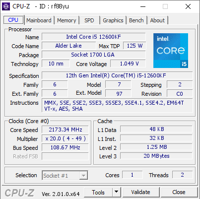 screenshot of CPU-Z validation for Dump [rf88yu] - Submitted by  fatbuszhurou  - 2022-07-04 09:54:00