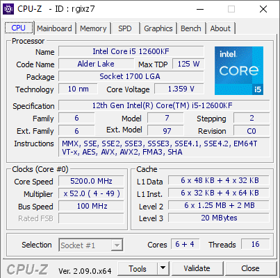 Intel Core i5 12600KF @ 5200 MHz - CPU-Z VALIDATOR